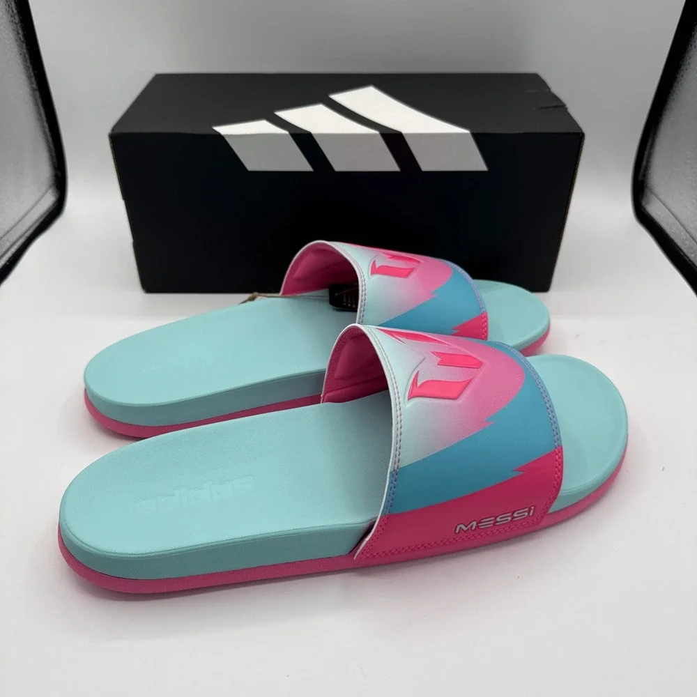 Adidas Messi‎ Slides Men's Size 11 Sandals Pink Blue Adilette Comfort JR6326